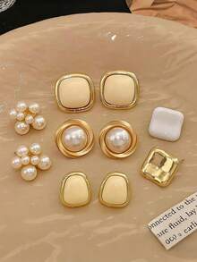 Set de 5 piezas de aretes vintage franceses con flores de perlas y diseño geométrico, diseño asimétrico minimalista y elegante, adecuado para uso diario de mujeres, un regalo refinado para ti, tu familia y amigos - Marfil - Ver 1