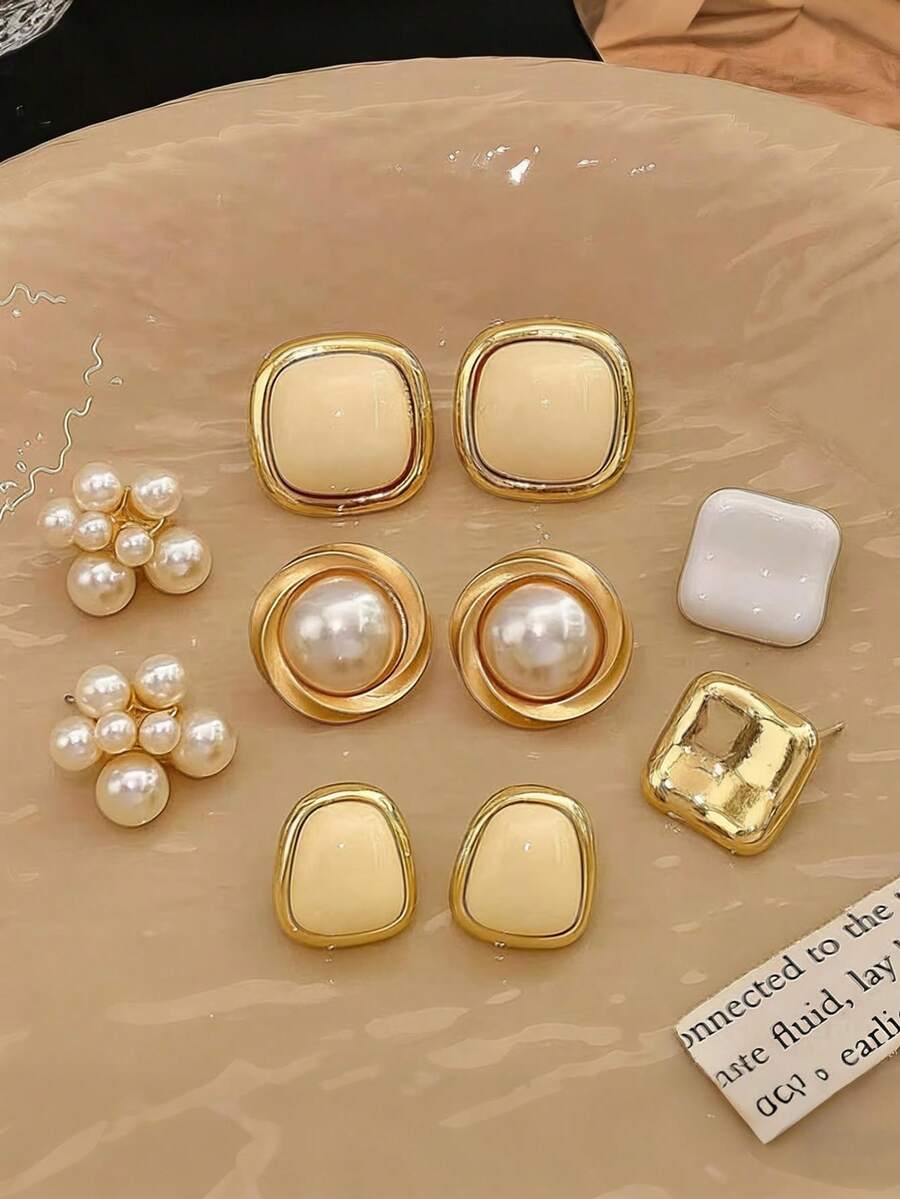 Set de 5 piezas de aretes vintage franceses con flores de perlas y diseño geométrico, diseño asimétrico minimalista y elegante, adecuado para uso diario de mujeres, un regalo refinado para ti, tu familia y amigos - Marfil - Ver 1