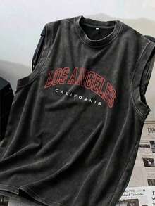 Men's Washed Vintage Round Neck Basketball Style Tank Top - "Sports & Outdoor - Basketball Style-Los Anglels" - 黑色 - 查看 6