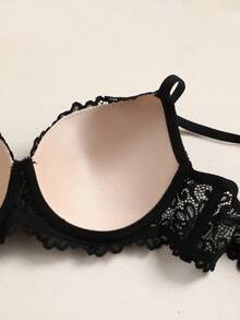 性感无钢圈蕾丝文胸，浪漫法式聚拢提拉无缝迷人吊带文胸，柔软透气 - 黑色 - 查看 7