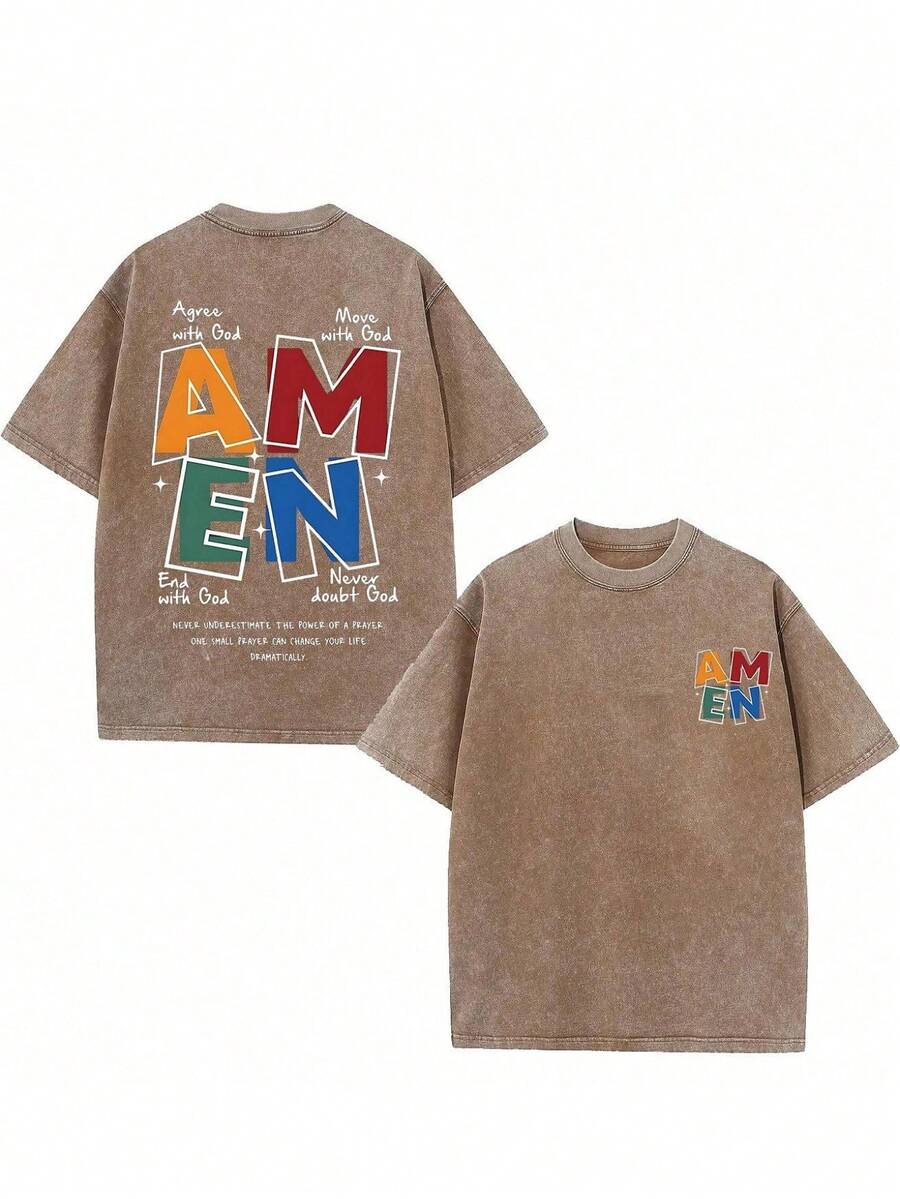 Plus-Size Men's Vintage Washed Loose Christian-Themed T-Shirt M-5XL, Slogans 'Agree With God' 'Move With God' 'End With God' 'Never Doubt God', Printed Pattern T-Shirt, GOD T-Shirt, Christian T-Shirt, 230G Pure Cotton T-Shirt, Plus-Size Men's Top, Vintage T-Shirt, Unisex, Suitable For Casual Gatherings And Outdoor Activities - Cà phê nâu - Xem 1