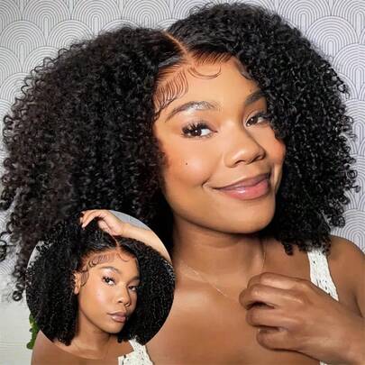 Tóc giả xoăn xù kiểu Afro, mật độ 180%, kiểu V-Part, chất liệu tóc nguyên chất Brazil, không cần keo dán, tóc giả kiểu U-Part nâng cấp dành cho nữ, tóc giả xoăn bồng bềnh, không có ren, màu tự nhiên.