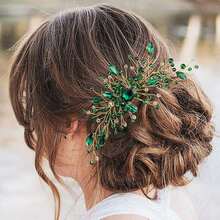 GCGIGUI 1pc Crystal Diamond Decor Bridal Bridesmaid Hair Comb, Luxurious Hair Accessory For Wedding Party - Green - View 3