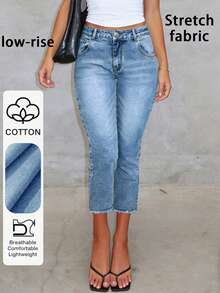 Light Wash Capri Skinny Stretch Denim Jeans, Casual & Commuting Summer - Medium Wash - View 1