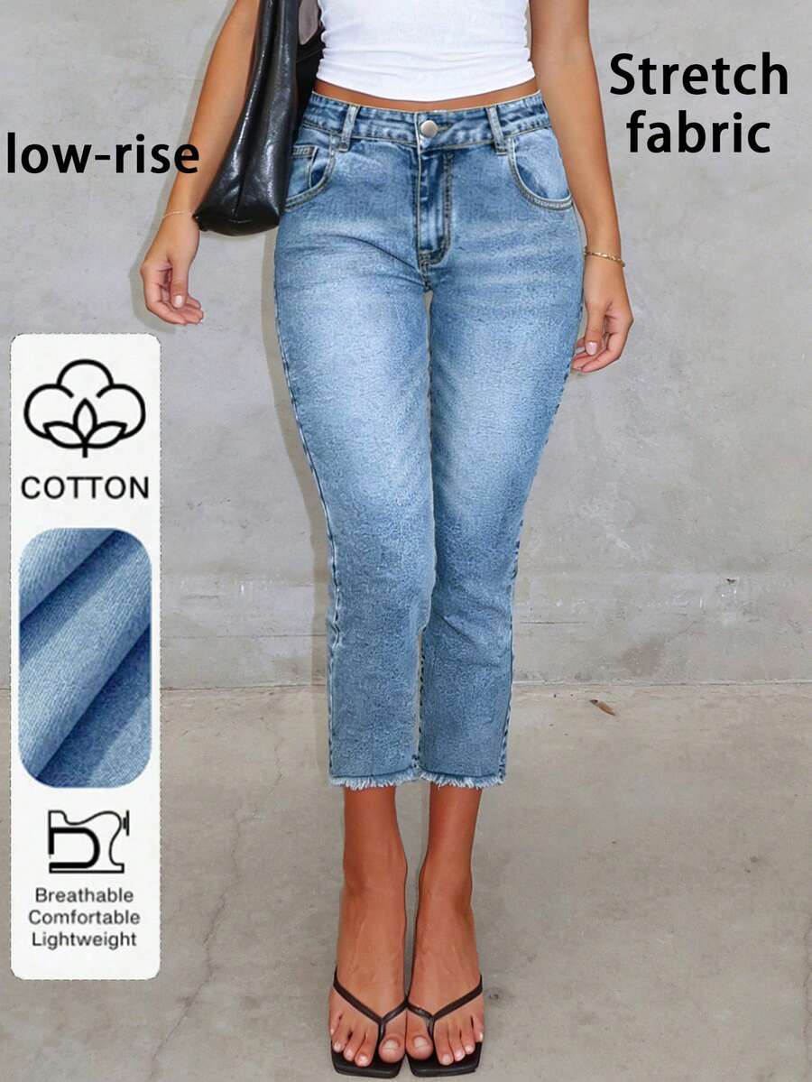 Light Wash Capri Skinny Stretch Denim Jeans, Casual & Commuting Summer - Medium Wash - View 1