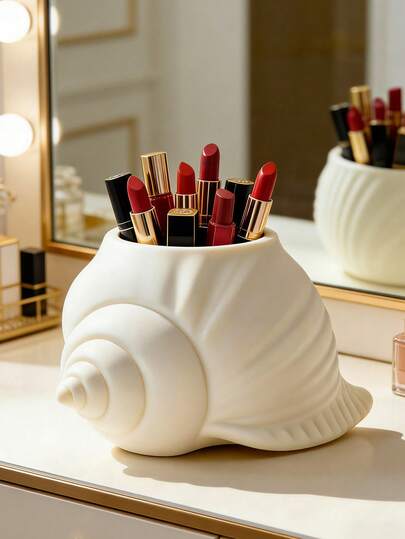 1个米色贝壳收纳桶，化妆刷和文具收纳盒，桌面装饰配件