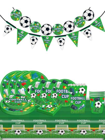 Soccer Theme Party Supplies Set, Including Soccer Pattern Bunting, Paper Cups, Napkins, Tablecloth, Etc. Suitable For Birthday Parties, Sports Parties, Multi-Purpose Holiday Atmosphere, Celebration Ceremony Table Decorations