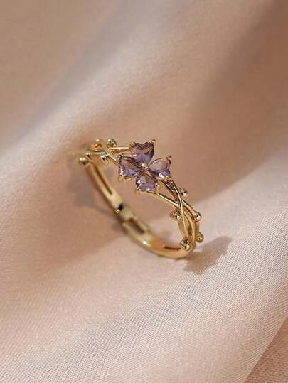 1pc Stainless Steel Purple Four-Leaf Clover Zirconia Open Ring, Delicate Niche High-End Feeling Ring