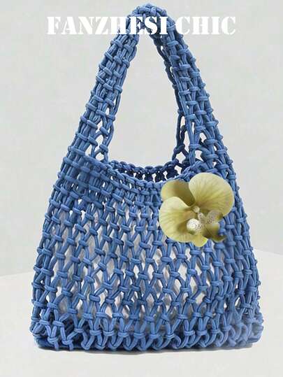 Blue Hand-Woven Mesh Tote Bag | Orchid Charm | Laid-Back Casual Resort Style Handbag | Large Capacity