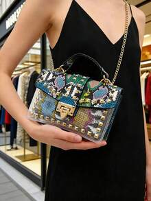 Vintage Snake Skin Print Rivet Decor Transparent PVC Patchwork Luxury Handbag, Versatile Shoulder & Crossbody Bag - Green - View 5