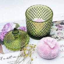 Luxury 4 Inch Glass Powder Container With 2 Soft Puffs For Loose Powder - 1 Handle 1 Bow Pink Puffs With Pointed Cylinder-olive Green-large - View 2