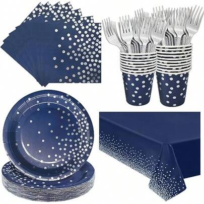 Sirve 25 platos y servilletas de color azul marino suministros para fiestas platos de cumpleaños azules y plateados servilletas tazas mantel desechable