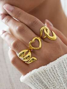 Frminee Set de 3 piezas/1 pieza de anillos geométricos de corazón grueso de acero inoxidable dorado, set de anillos apilables, joyería de declaración apilable, anillos de nudillo para mujer, adecuados para uso diario y vacaciones - Dorado - Ver 4