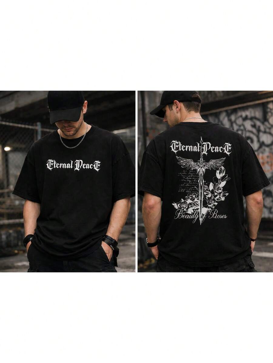 Oversized Style T-Shirt With Simple Print, Short Sleeves, Versatile, Casual, Colorful - Màu xám đen - Xem 1