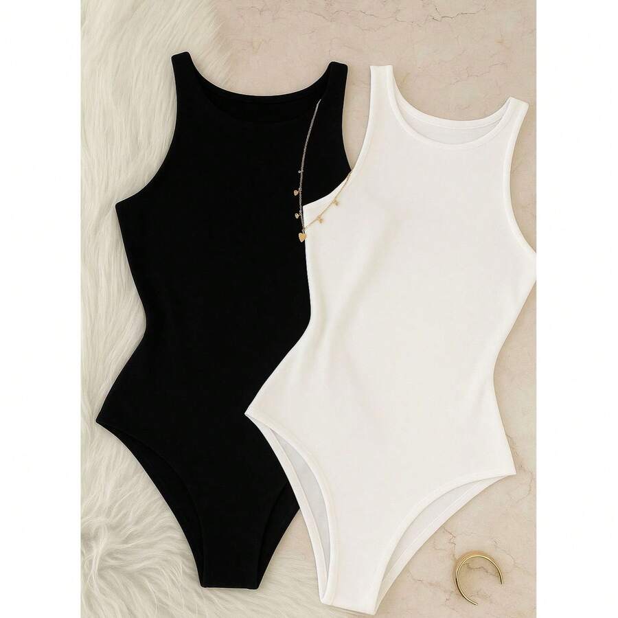 Set Of 2 Women's Basic Tank Top Bodysuits With Round Neck, Casual Style, Lined Second Skin, Chic And Timeless - 黑白 - 查看 1