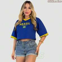 Women's Oversized Cropped Top With Brazil Print, 100% Cotton, Prime Fabric, World Cup 2026, Blouse, T-Shirt, International Fashion. - 寶藍色 - 查看 1