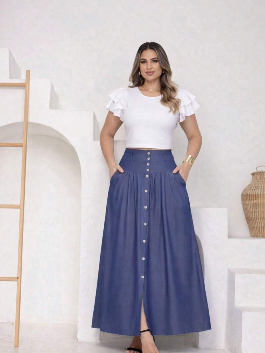 Long Chambray Denim Skirt With Front Buttons, High Waist, Elegant, Casual Chic, Evangelical Fashion - Màu xanh bụi bặm - Xem 1