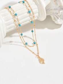 1pc Versatile Multi-Layer Turquoise Handmade Chain Necklace, Fashion Metal Seashell Pendant Choker Necklace, Suitable For Daily Wear, Beach Vacation, Adjustable Chain Length And Bead Quantity - Multicolor - View 1