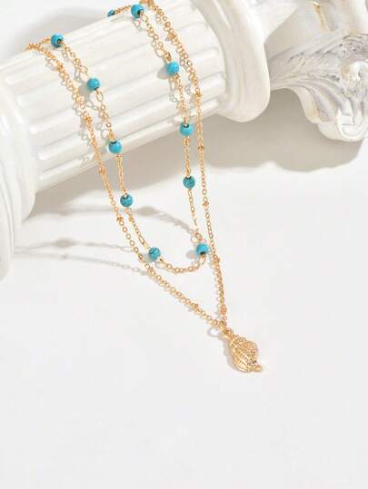 1pc Versatile Multi-Layer Turquoise Handmade Chain Necklace, Fashion Metal Seashell Pendant Choker Necklace, Suitable For Daily Wear, Beach Vacation, Adjustable Chain Length And Bead Quantity