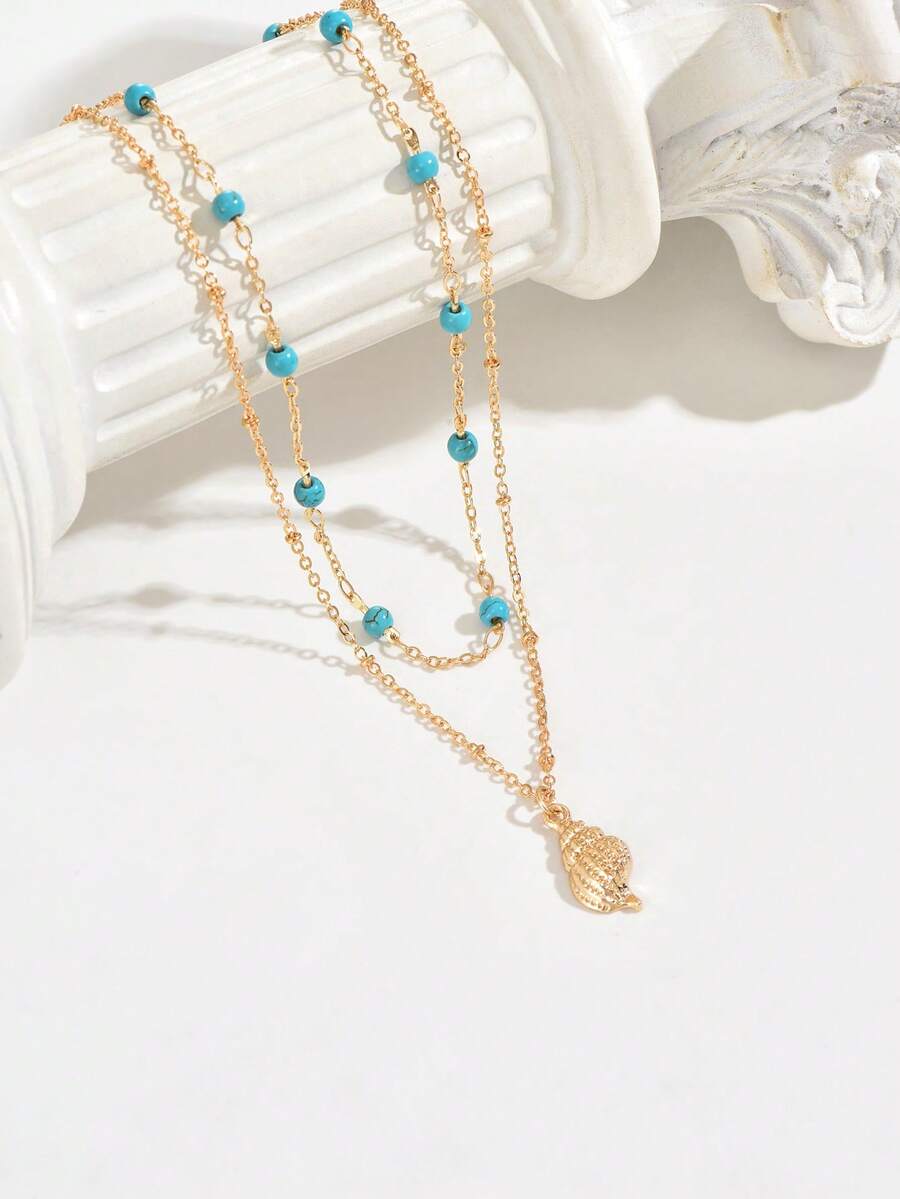 1pc Versatile Multi-Layer Turquoise Handmade Chain Necklace, Fashion Metal Seashell Pendant Choker Necklace, Suitable For Daily Wear, Beach Vacation, Adjustable Chain Length And Bead Quantity - Multicolor - View 1