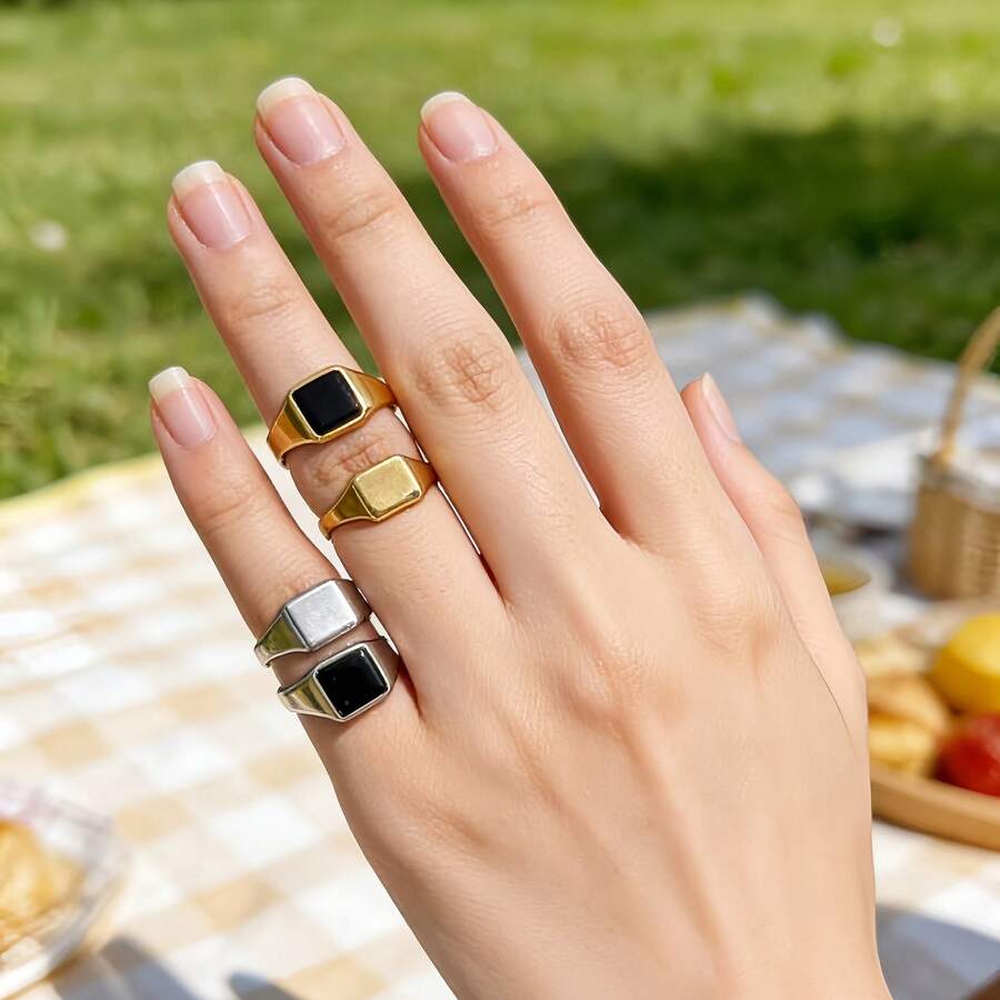 1 chiếc nhẫn midi vuông bằng thép không gỉ có thể điều chỉnh kích thước, tinh tế, sang trọng, tối giản theo phong cách INS, phù hợp để đeo hàng ngày, chống thấm nước, không phai màu, không gây dị ứng, chống mài mòn, thích hợp cho mọi phụ nữ đeo hàng ngày. - nhẫn út hình vuông - Xem 1