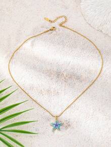 1 Mặt dây chuyền hình sao biển tráng men xanh mạ vàng 18K dành cho nữ, dây chuyền mảnh bằng thép không gỉ chủ đề đại dương với mặt dây chuyền hình sao biển, trang sức đi biển chống thấm nước cho kỳ nghỉ hè. - Dây chuyền mặt hình sao biển màu xanh dương - Xem 2