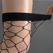 2双性感女士黑色大网眼镶钻鱼网过膝长筒袜，适合夜店派对 - 彩色 - 查看 4