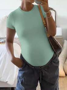 Maternity Bodysuit, Solid Color Round Neck, Minimalist Versatile Slim Fit Summer - Mint Blue - View 7
