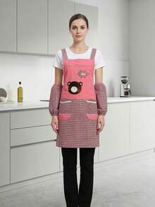 1pc Japanese Cotton Linen Kitchen Apron, Anti-Oil Adult Cooking Smock, Cafe Uniform, Artistic Apron - Bear-shaped Apron With Sleeves - Green - View 3