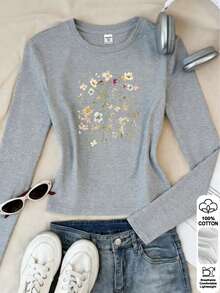 2026年春季穿搭新款！優質的100%純棉長袖,y2k女士舒適時尚花卉圖案簡約T卹，法式田園風，擁抱自然、享受慢生活設計，夏季街頭時尚百搭單品讓你魅力四射，修身款女士上衣. - 灰色 - 查看 13