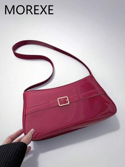 Fashionable Glossy Women's Handbag, Baguette Bag With Belt Buckle Decor, Minimalist Chic Underarm Bag, Versatile Street Style Women Shoulder Bag