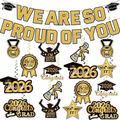 Bộ trang trí tốt nghiệp năm 2026 – Băng rôn "Chúng tôi rất tự hào về bạn" kèm 8 tấm thiệp xoắn ốc treo trang trí tiệc tốt nghiệp năm 2026.