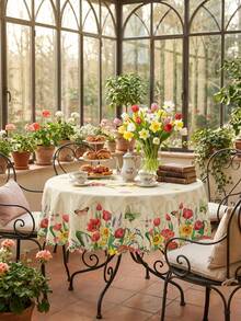 1pc Vintage Floral Tablecloth With Lace Trim, Watercolor Bird, Butterfly, Tulip, Cherry Blossom Print, Waterproof And Stain-Resistant Polyester Tablecloth, Washable For Restaurant Decor, Suitable For Kitchen, Patio, Spring Home And Mother's Day Party - Multicolor - View 5