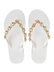Evertop Surf Dép xỏ ngón nữ đính đá quý tròn sang trọng và dây trang trí kim cương, dép xăng đan đế mềm chống trượt đi biển mùa hè, dép xỏ ngón đi nghỉ có dây trang trí có thể tháo rời - trắng - Xem 4
