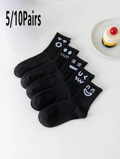 5/10 pares de calcetines de tripulación para hombres con diseños de expresión de dibujos animados de unicolor, cómodos, transpirables y antideslizantes, adecuados para uso diario, deportes y talla grande