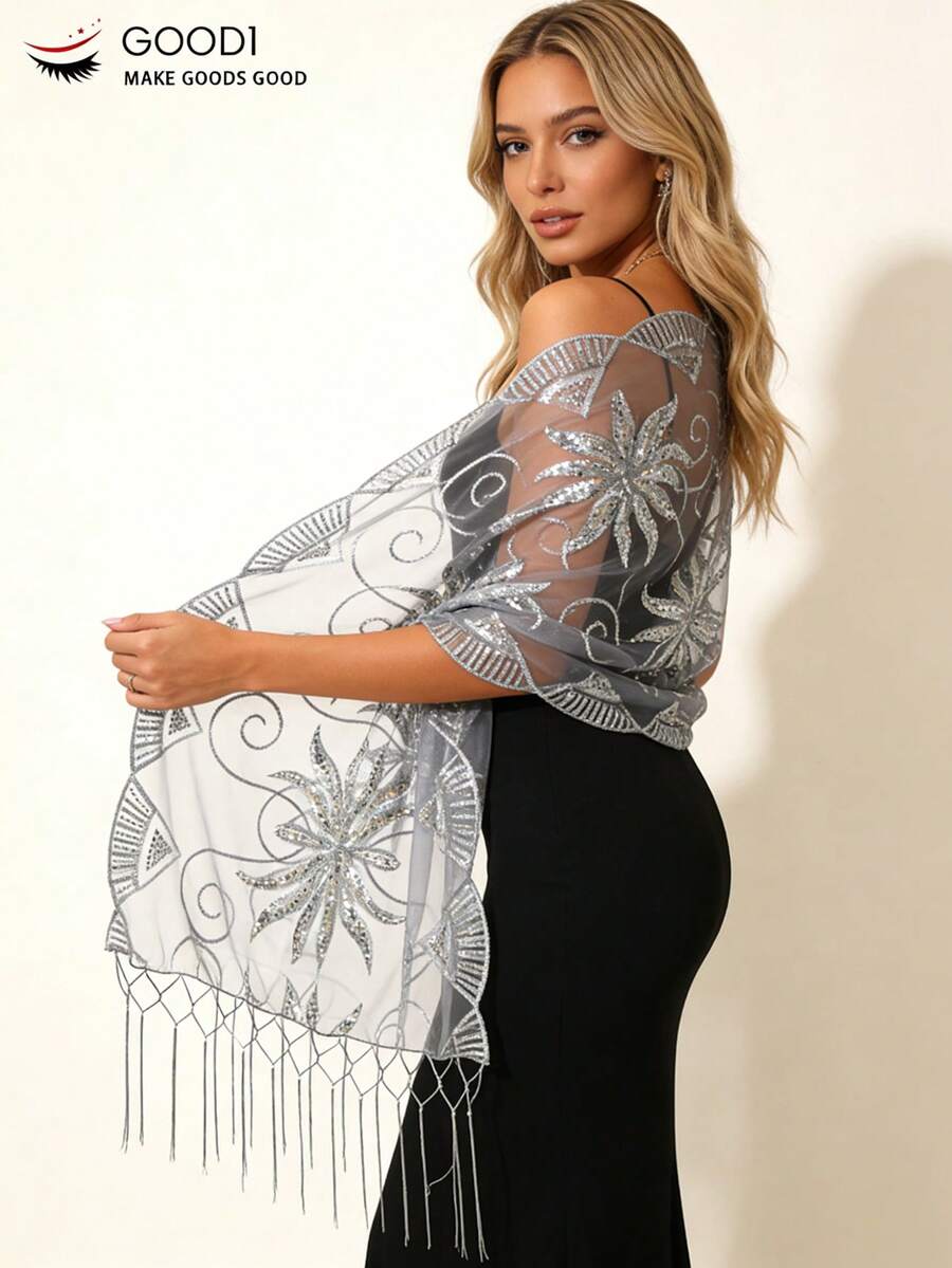 Silver Sequin Embroidered Tassel Shawl, Sheer Mesh Scarf For Evening Gown, Luxury Silver Thread Starry Mesh Shawl, Atmospheric Party Outerwear, Retro Glittering Silver Geometric Tassel Scarf, Bridal Gown Bridesmaid Shawl - Grey - View 1