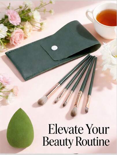 6pcs Soft Eye Makeup Brush Set With Storage Pouch, For Eye Shadow Blending, Smudging, Eyeliner And Eye Detail, Includes 1 Beauty Sponge, Eyebrow Brush, Lip Brush, Detail Brush, Essential For Beginners
