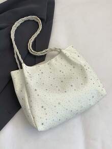 Minimalist Star Pattern Tote Bag, Casual School Style Shoulder Bag With Woven Strap, Random Scarf Color/Pattern - Beige - View 3