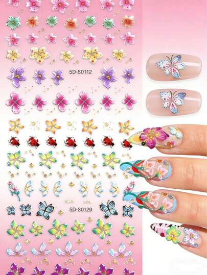 2 片 5D 立体浮雕豹纹芙蓉花美甲贴纸，饰有色彩缤纷的百合花图案、蝴蝶花瓣和春夏植物美甲饰品，适合女性使用，另附 2 张贴纸。