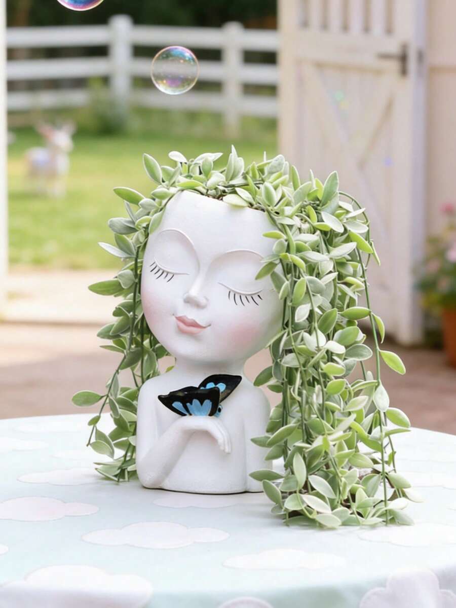 Facial Planter/Pot, Suitable For Indoor And Outdoor Plants, Made Of Resin, Suitable For Succulents, With Drainage Hole, Cute Lady Face Shaped Planter - A - View 1
