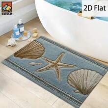 1pc 2D Flat Starfish And Shell Design Non-Slip Mat, Made Of Flannel Material With Soft Plush Texture, Suitable For Bathroom, Entryway, Kitchen, Living Room - 3 - View 1
