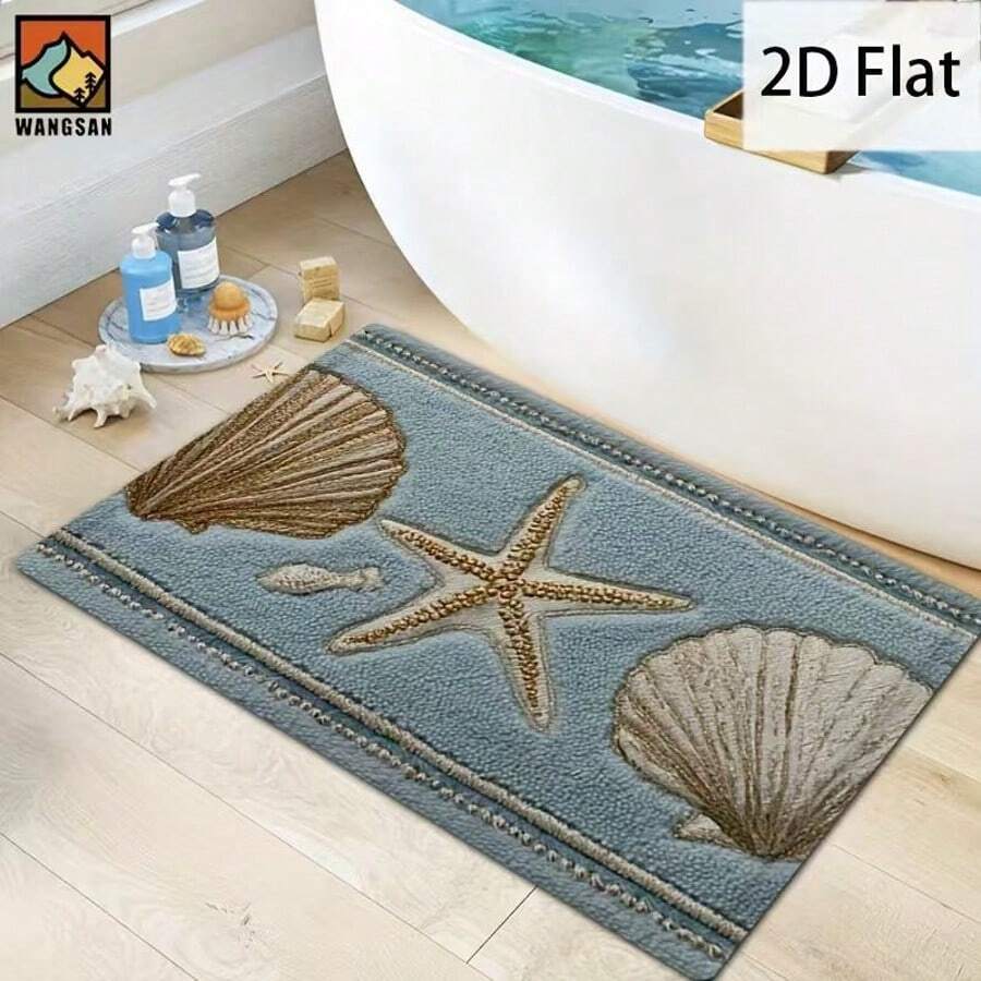 1pc 2D Flat Starfish And Shell Design Non-Slip Mat, Made Of Flannel Material With Soft Plush Texture, Suitable For Bathroom, Entryway, Kitchen, Living Room - 3 - View 1
