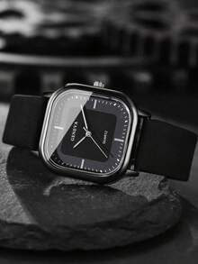 4PCS Simple Casual Men's Quartz Watch, Fashionable And Minimalist Men's Black Watch Accessory Set. Includes A Square Dial Black Leather Strap Watch, Geometric Pendant Necklace, Ring, And Chunky Chain Bracelet. - Black - View 4