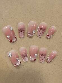10片纯手工制作美甲贴片，中号棺材形美甲，粉色法式温柔风格，粉色猫眼立体蝴蝶结点缀碎钻，手绘爱心波点，可爱精致的美甲贴片，适合女性和女孩，春夏秋冬节日派对及日常生活使用。 - 粉色 - 查看 2