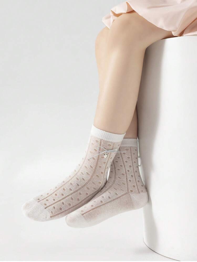 3双装女童白色甜美公主风无缝中筒袜，带蝴蝶结装饰，儿童袜子 - 白色 - 查看 7