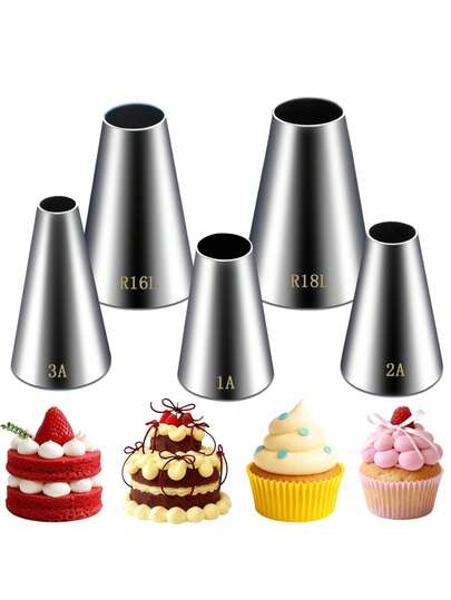 Bộ 5 đầu phun trang trí tròn, ống thép không gỉ chuyên nghiệp dùng cho bánh ngọt, kem, trang trí bánh kem, dụng cụ làm bánh DIY.