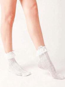 1 Pair Of Women's Solid Color Romantic Pleated Lace Trimmed Heart-Shaped Small Leg Socks. Cute Hollow Mesh Style, Lace Lace Love Socks, Suitable For School Gatherings, Daily Wear, Is A Great Gift, Halloween Gift, Halloween Decorative Socks, Christmas Decoration, Back To School Season, Travel Season, Valentine's Day, Fall - 1 đôi màu trắng - Xem 4