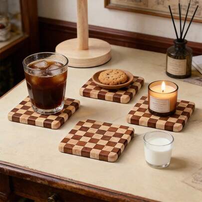 1pc/2pcs Checkerboard Wooden Coffee Cup Coaster, Creative Square Coaster Anti-Bacterial Anti-Mold Heatproof Mat Tea Tray Cake Tray, Tea Cup Coaster Tray Suitable For Home, Office, Tea Room Use