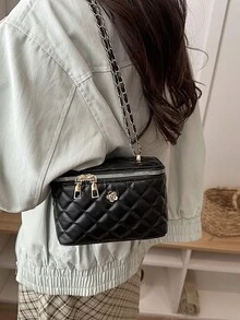 2026 Quilted Chain Strap Boxy Minimalist Embroidered Shoulder Handbag For Women - Black - View 2