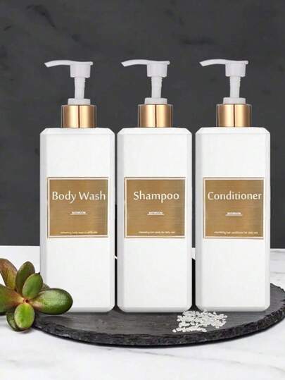 3pcs/Set 500ml Shampoo, Conditioner, Shower Gel Bottle Set, Bathroom Bottle Set With Gold Waterproof Label